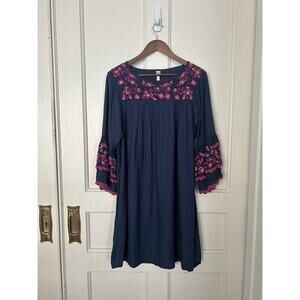 Uncle Frank Floral Embroidered Baby Doll Midi Dress Womens Size Med. Blue Pink
